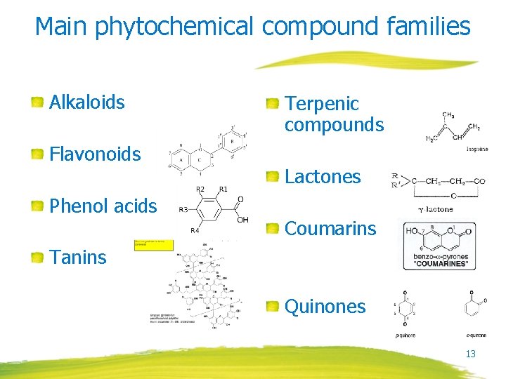 Main phytochemical compound families Alkaloids Flavonoids Phenol acids Terpenic compounds Lactones Coumarins Tanins Quinones