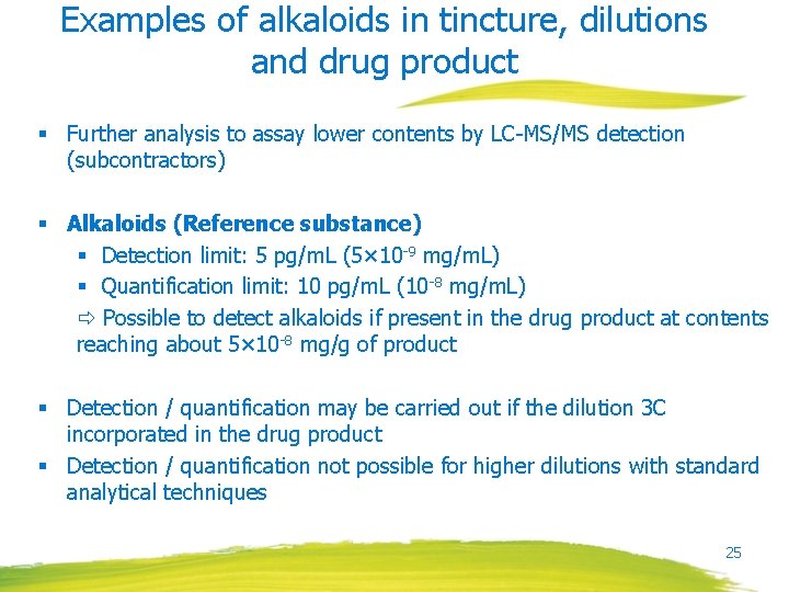 Examples of alkaloids in tincture, dilutions and drug product § Further analysis to assay