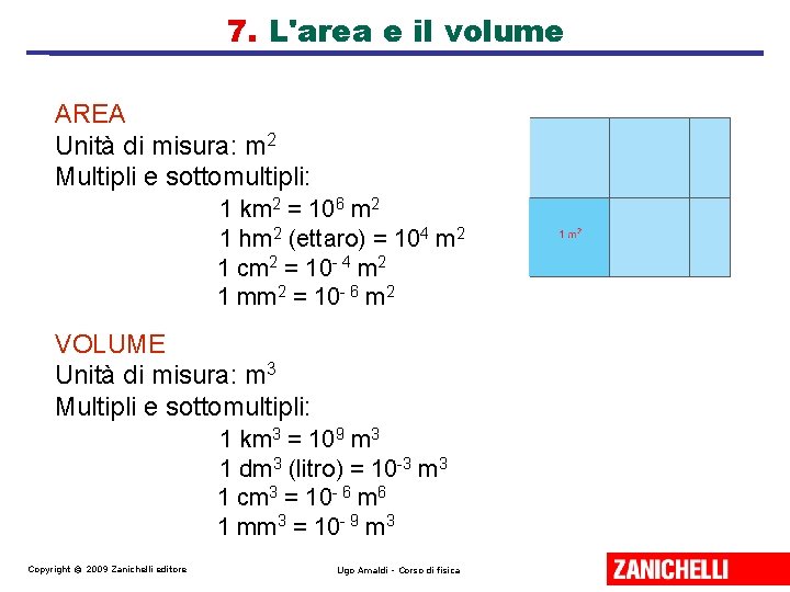 7. L'area e il volume AREA Unità di misura: m 2 Multipli e sottomultipli: