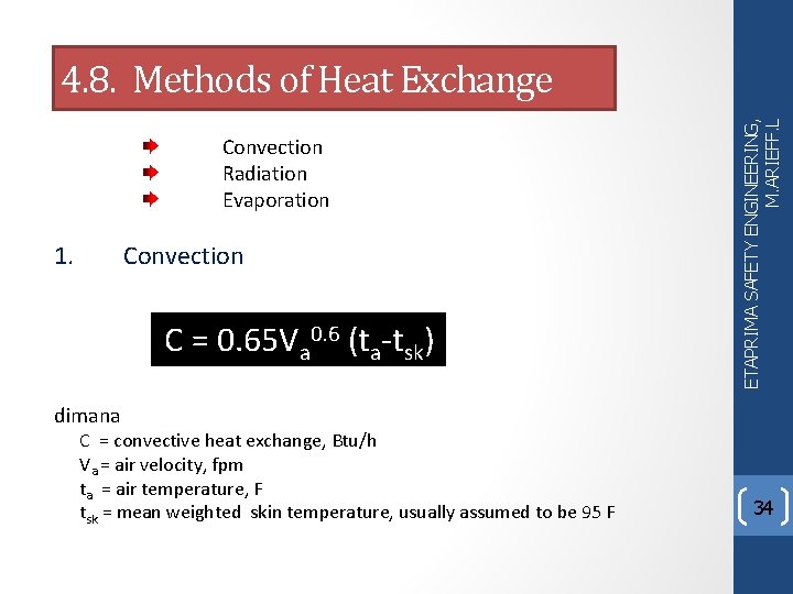 Convection Radiation Evaporation 1. Convection C = 0. 65 Va 0. 6 (ta-tsk) ETAPRIMA