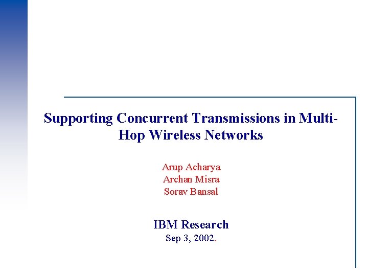 Supporting Concurrent Transmissions in Multi. Hop Wireless Networks Arup Acharya Archan Misra Sorav Bansal