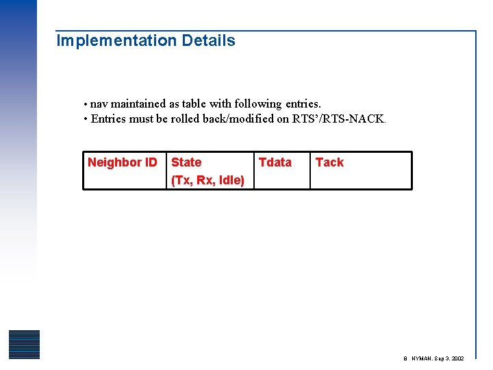 Implementation Details • nav maintained as table with following entries. • Entries must be
