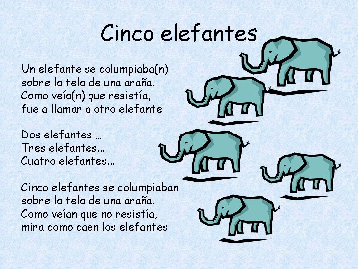 Cinco elefantes Un elefante se columpiaba(n) sobre la tela de una araña. Como veía(n)