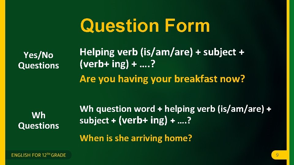 Question Form Yes/No Questions Wh Questions Helping verb (is/am/are) + subject + (verb+ ing) Question Form Yes/No Questions Wh Questions Helping verb (is/am/are) + subject + (verb+ ing)