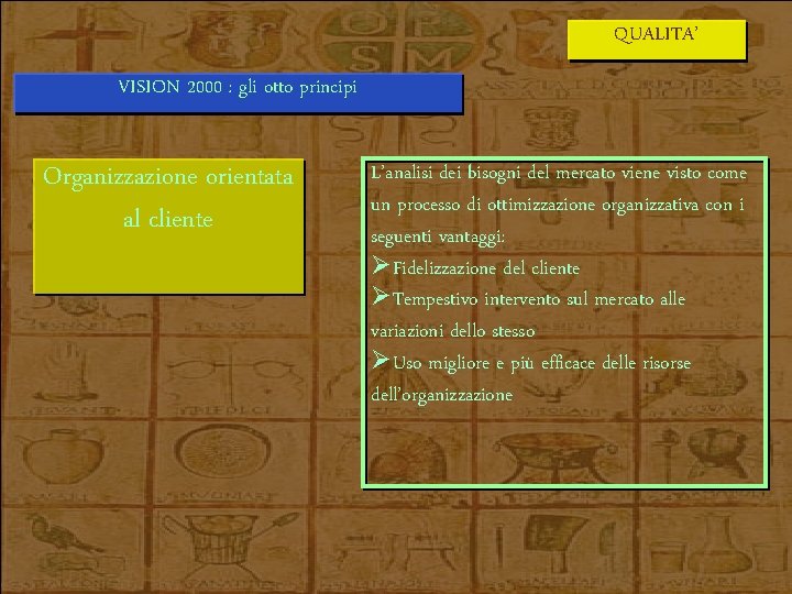 QUALITA’ VISION 2000 : gli otto principi Organizzazione orientata al cliente L’analisi dei bisogni