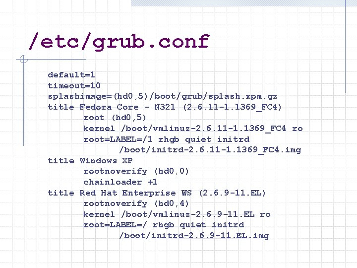 /etc/grub. conf default=1 timeout=10 splashimage=(hd 0, 5)/boot/grub/splash. xpm. gz title Fedora Core - N