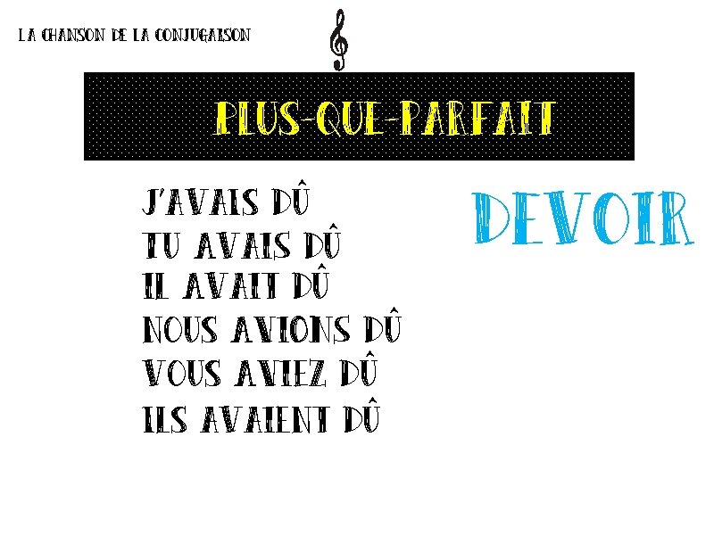 La chanson de la conjugaison Plus-que-parfait J’ava. Is dû Tu Avai. S dû il La chanson de la conjugaison Plus-que-parfait J’ava. Is dû Tu Avai. S dû il