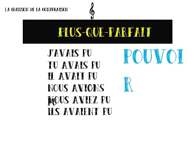 La chanson de la conjugaison Plus-que-parfait J’avais pu Tu Avai. S pu il Avait La chanson de la conjugaison Plus-que-parfait J’avais pu Tu Avai. S pu il Avait