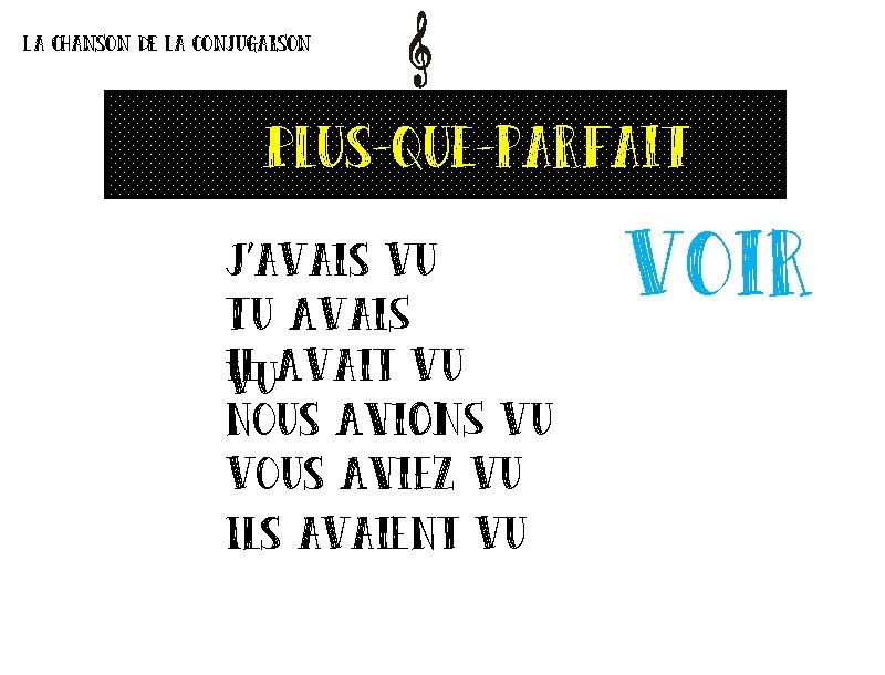 La chanson de la conjugaison Plus-que-parfait J’avais vu Tu Avai. S il vu. Avait La chanson de la conjugaison Plus-que-parfait J’avais vu Tu Avai. S il vu. Avait
