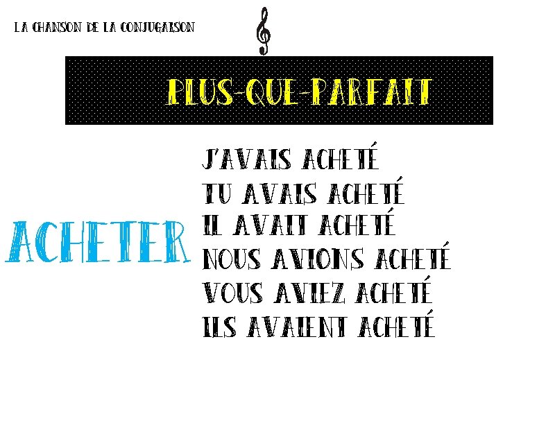 La chanson de la conjugaison Plus-que-parfait acheter J’avais acheté Tu Avai. S acheté il La chanson de la conjugaison Plus-que-parfait acheter J’avais acheté Tu Avai. S acheté il