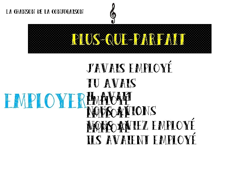 La chanson de la conjugaison Plus-que-parfait J’avais employé Tu Avai. S il Avait employé La chanson de la conjugaison Plus-que-parfait J’avais employé Tu Avai. S il Avait employé
