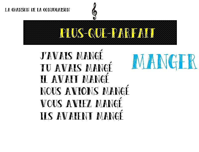 La chanson de la conjugaison Plus-que-parfait J’avais mangé Tu Avai. S mangé il Avait La chanson de la conjugaison Plus-que-parfait J’avais mangé Tu Avai. S mangé il Avait