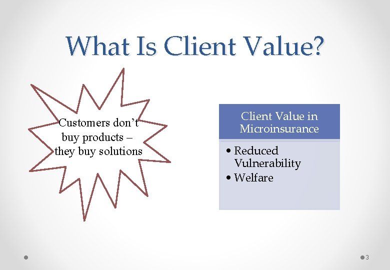 What Is Client Value? Customers don’t buy products – they buy solutions Client Value