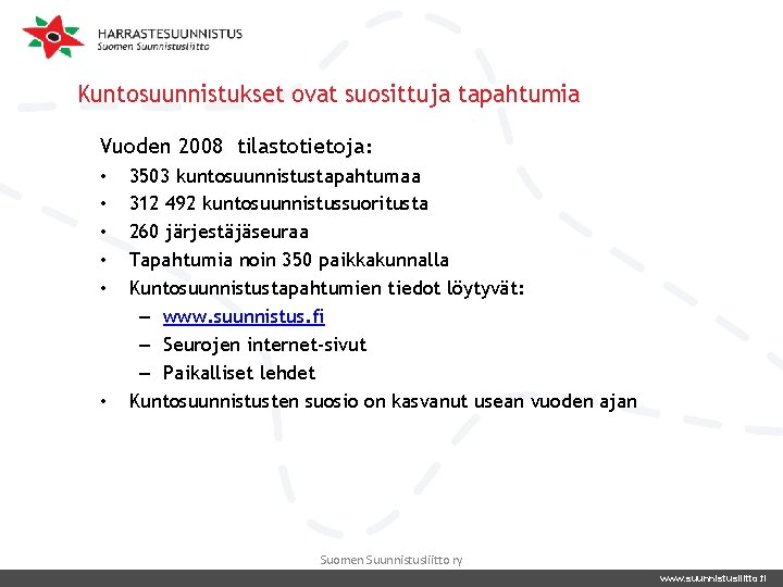 Kuntosuunnistukset ovat suosittuja tapahtumia Vuoden 2008 tilastotietoja: • • • 3503 kuntosuunnistustapahtumaa 312 492