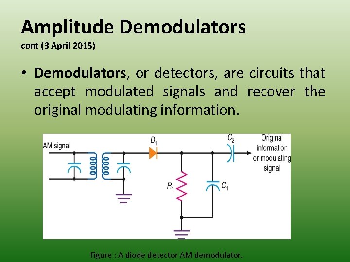 Amplitude Demodulators cont (3 April 2015) • Demodulators, or detectors, are circuits that accept