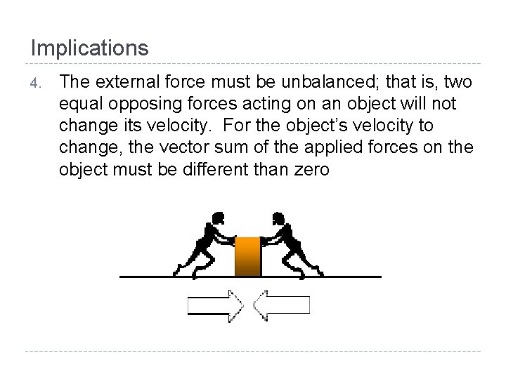Implications 4. The external force must be unbalanced; that is, two equal opposing forces