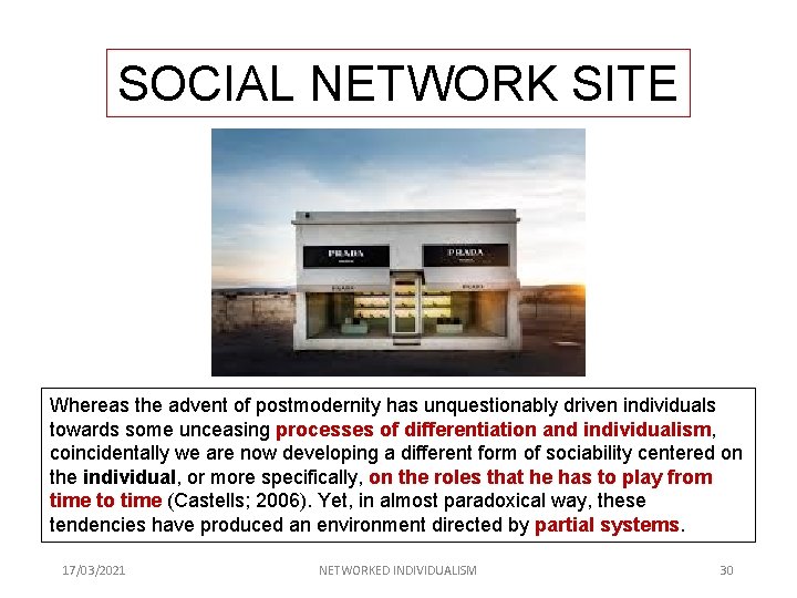 SOCIAL NETWORK SITE Whereas the advent of postmodernity has unquestionably driven individuals towards some