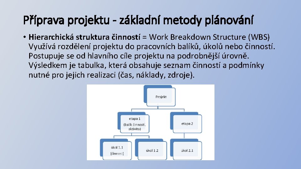 Příprava projektu - základní metody plánování • Hierarchická struktura činností = Work Breakdown Structure