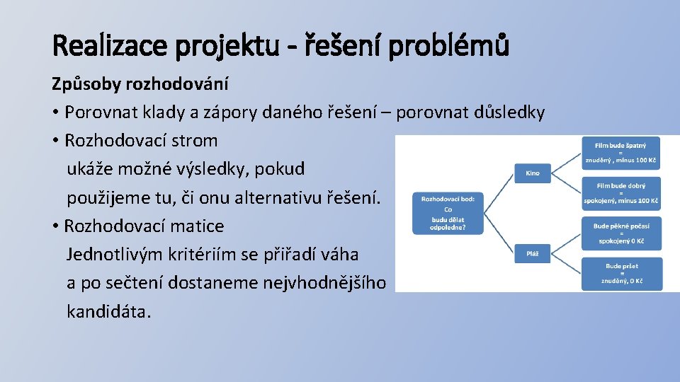 Realizace projektu - řešení problémů Způsoby rozhodování • Porovnat klady a zápory daného řešení