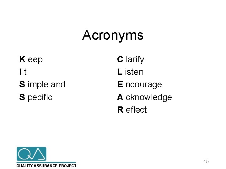 Acronyms K eep It S imple and S pecific QUALITY ASSURANCE PROJECT C larify