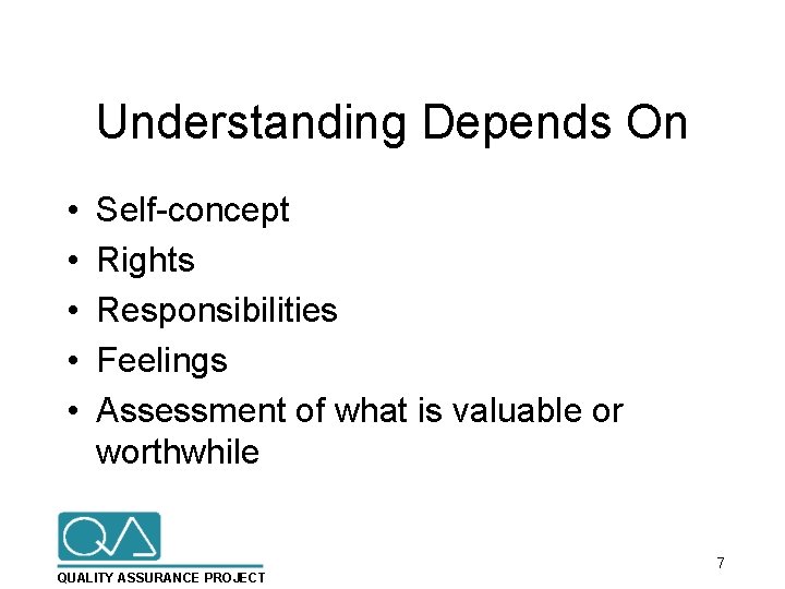 Understanding Depends On • • • Self-concept Rights Responsibilities Feelings Assessment of what is