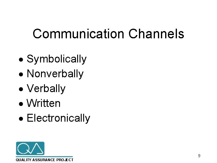 Communication Channels · Symbolically · Nonverbally · Verbally · Written · Electronically QUALITY ASSURANCE