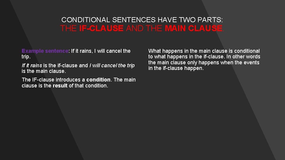 CONDITIONAL SENTENCES HAVE TWO PARTS: THE IF-CLAUSE AND THE MAIN CLAUSE. Example sentence: If