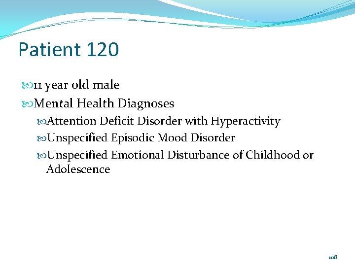 Patient 120 11 year old male Mental Health Diagnoses Attention Deficit Disorder with Hyperactivity