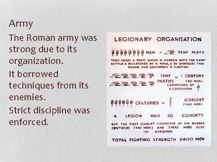 Army The Roman army was strong due to its organization. It borrowed techniques from