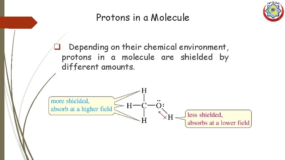 Protons in a Molecule q Depending on their chemical environment, protons in a molecule