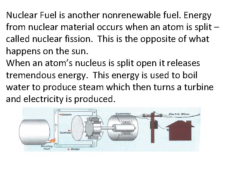 Nuclear Fuel is another nonrenewable fuel. Energy from nuclear material occurs when an atom