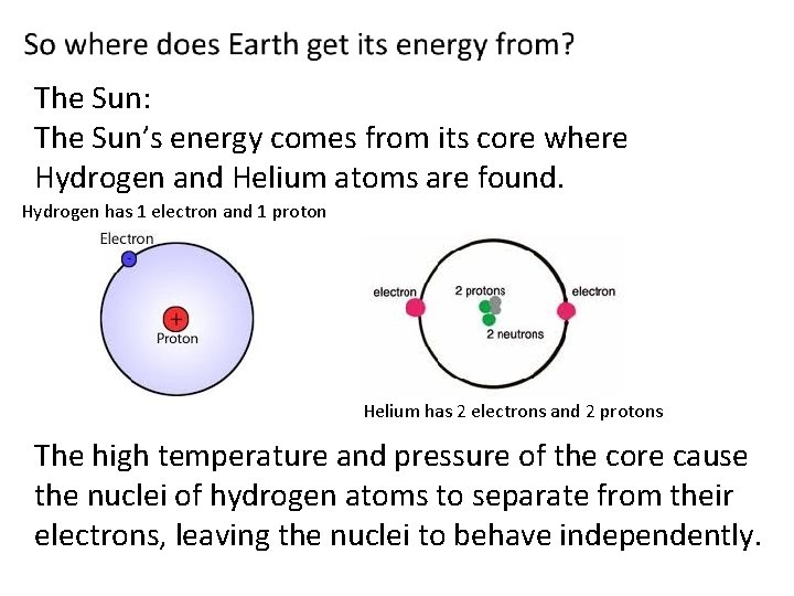 The Sun: The Sun’s energy comes from its core where Hydrogen and Helium atoms