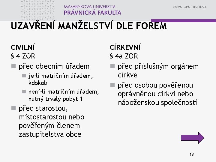 www. law. muni. cz UZAVŘENÍ MANŽELSTVÍ DLE FOREM CIVILNÍ § 4 ZOR n před