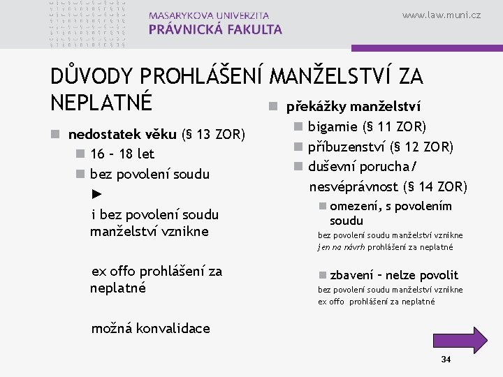 www. law. muni. cz DŮVODY PROHLÁŠENÍ MANŽELSTVÍ ZA NEPLATNÉ n překážky manželství n nedostatek