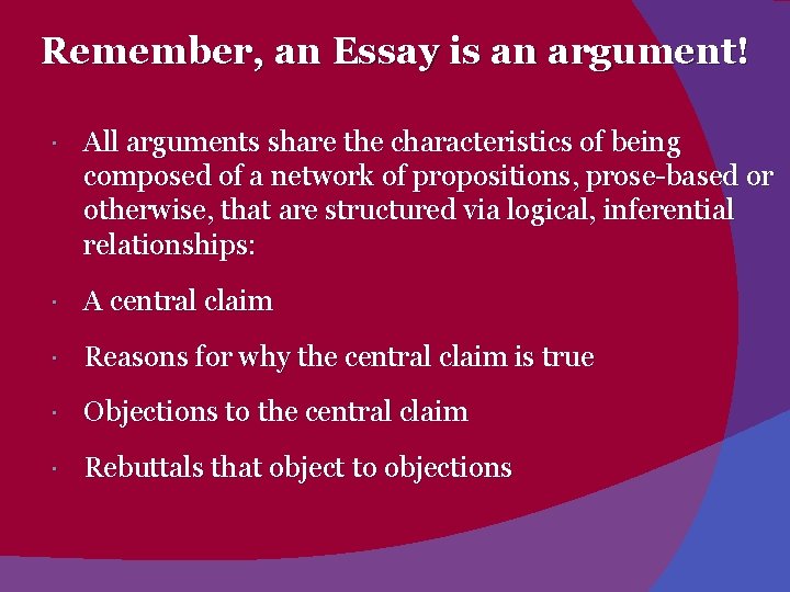 Remember, an Essay is an argument! All arguments share the characteristics of being composed