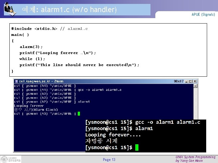 예제: alarm 1. c (w/o handler) APUE (Signals) #include <stdio. h> // alarm 1.