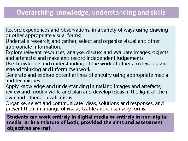 Overarching knowledge, understanding and skills Record experiences and observations, in a variety of ways Overarching knowledge, understanding and skills Record experiences and observations, in a variety of ways