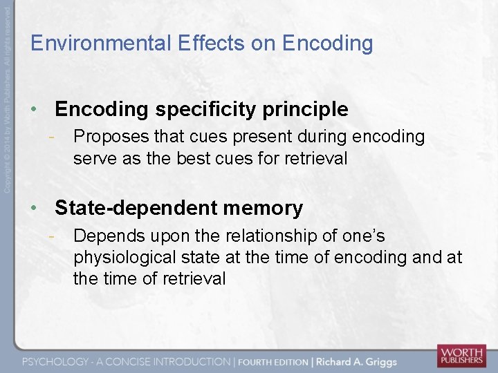 Environmental Effects on Encoding • Encoding specificity principle - Proposes that cues present during