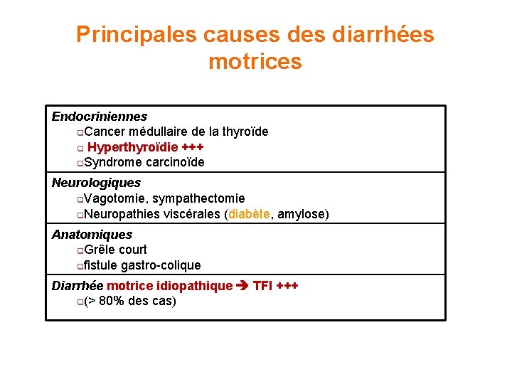 Principales causes diarrhées motrices Endocriniennes q. Cancer médullaire de la thyroïde q Hyperthyroïdie +++