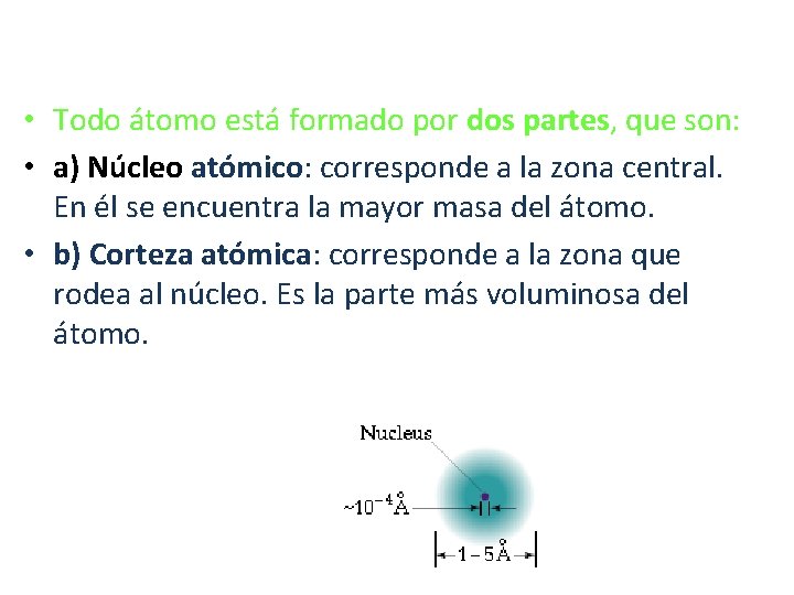  • Todo átomo está formado por dos partes, que son: • a) Núcleo