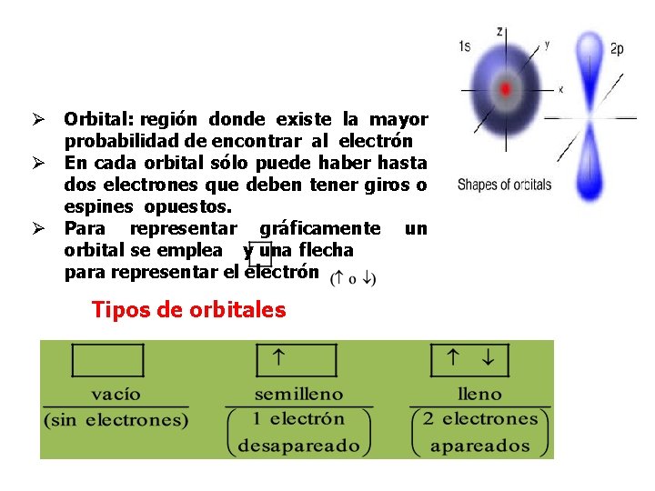 Ø Orbital: región donde existe la mayor probabilidad de encontrar al electrón Ø En