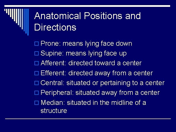 Anatomical Positions and Directions o Prone: means lying face down o Supine: means lying