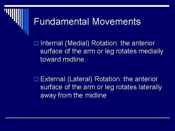 Fundamental Movements o Internal (Medial) Rotation: the anterior surface of the arm or leg