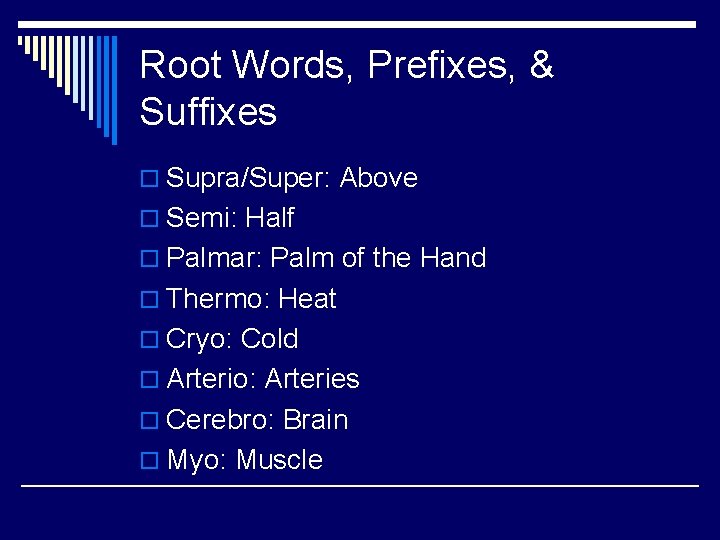 Root Words, Prefixes, & Suffixes o Supra/Super: Above o Semi: Half o Palmar: Palm