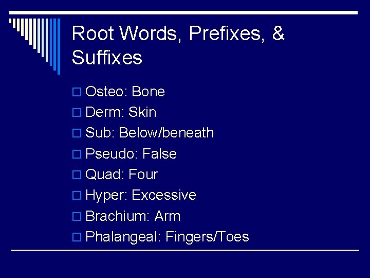 Root Words, Prefixes, & Suffixes o Osteo: Bone o Derm: Skin o Sub: Below/beneath