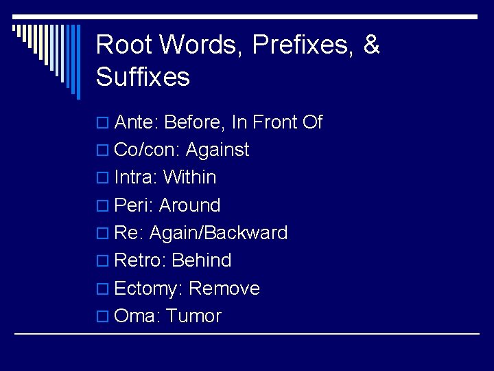 Root Words, Prefixes, & Suffixes o Ante: Before, In Front Of o Co/con: Against