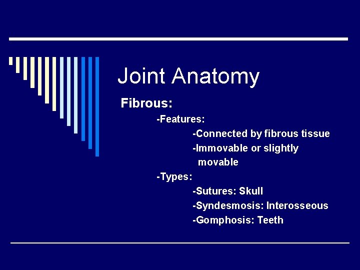 Joint Anatomy Fibrous: -Features: -Connected by fibrous tissue -Immovable or slightly movable -Types: -Sutures: