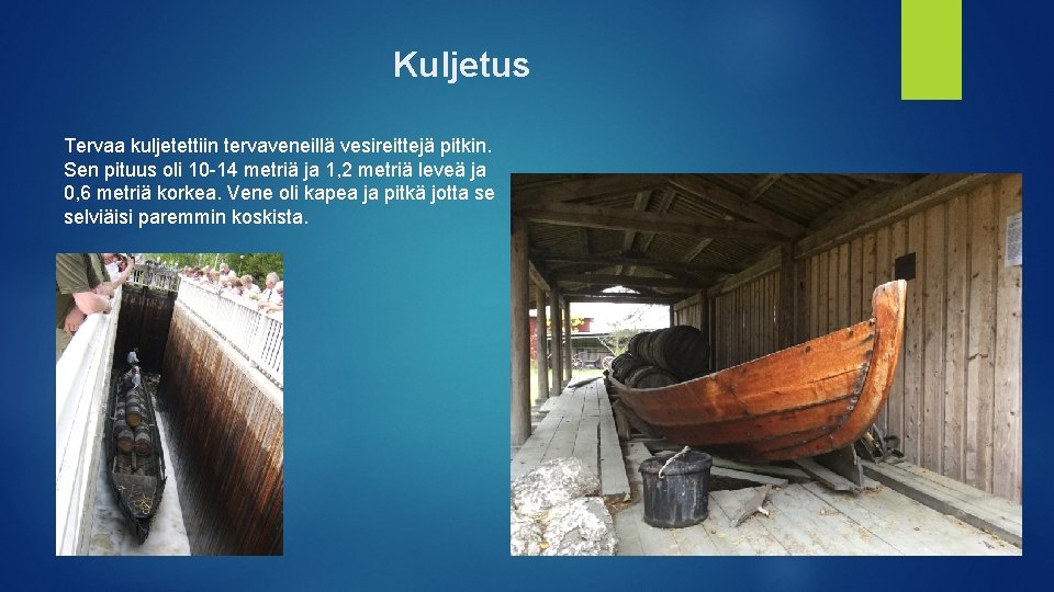 Kuljetus Tervaa kuljetettiin tervaveneillä vesireittejä pitkin. Sen pituus oli 10 -14 metriä ja 1,