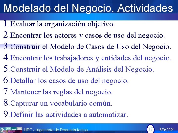 Modelado del Negocio. Actividades 1. Evaluar la organización objetivo. 2. Encontrar los actores y