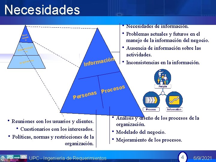 Necesidades • Necesidades de información. • Problemas actuales y futuros en el Nece e